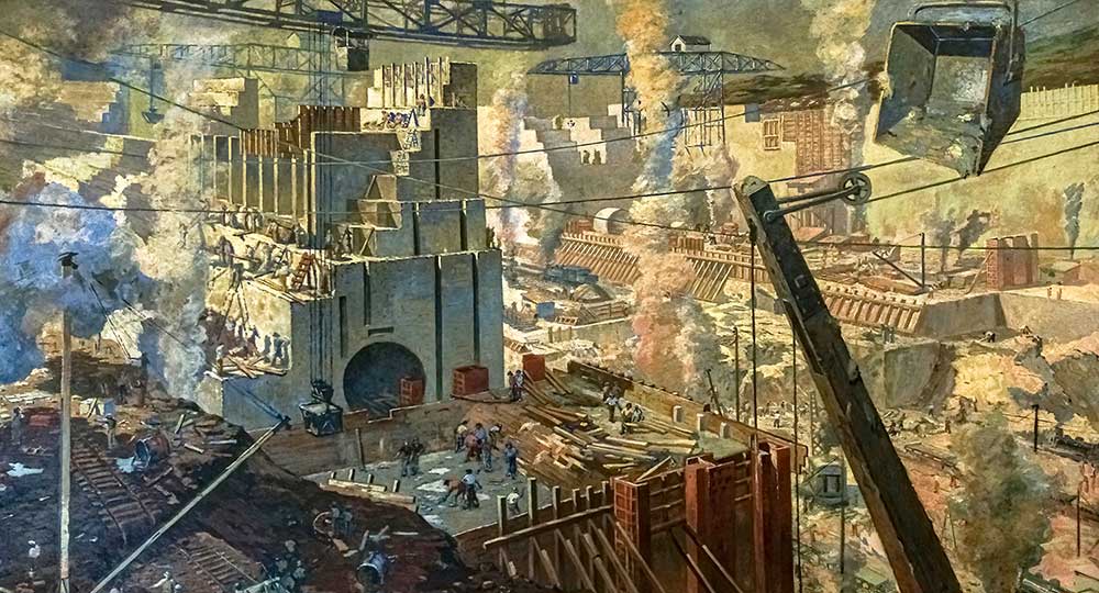 La construcción de la esclusa de Miraflores es una de las escenas de William Van Ingen que muestra el poder de Estados Unidos en el siglo XX.