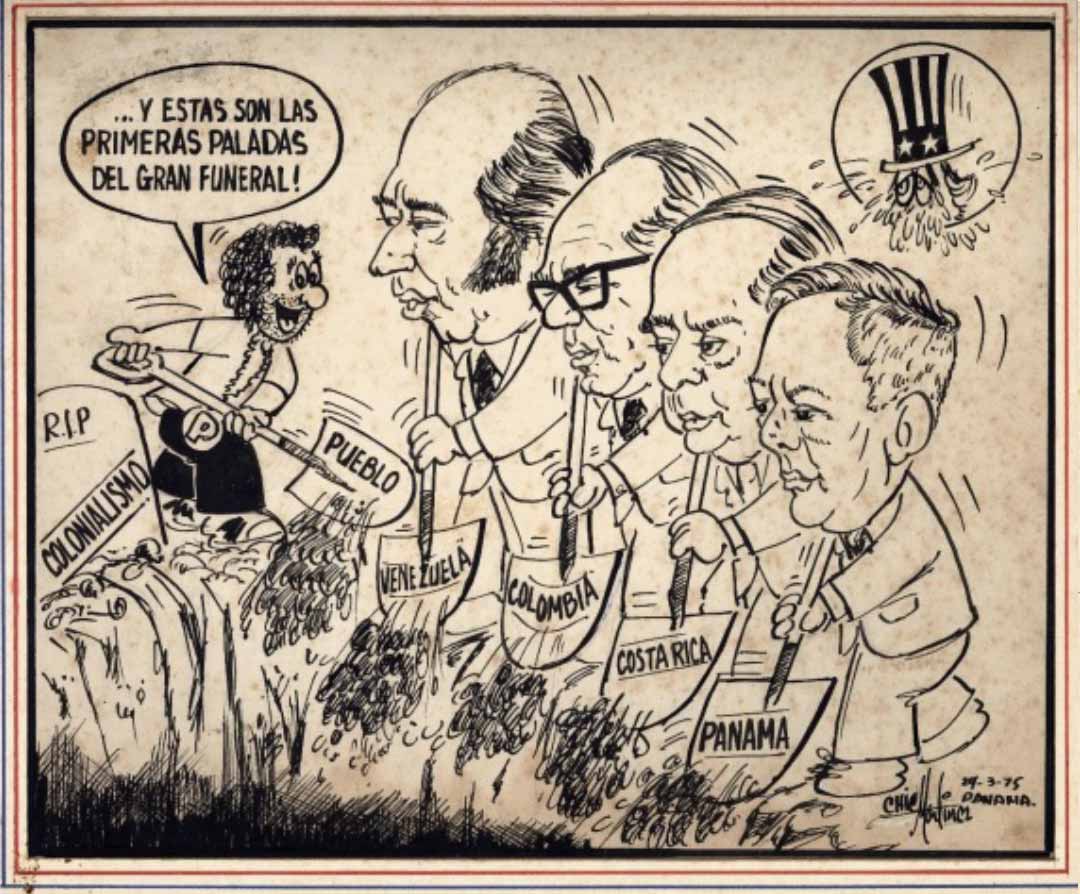 Caricatura de los presidentes de Venezuela (Carlos Andrés Pérez), Colombia (Alfonso López Michelsen) y Costa Rica (Daniel Oduber) junto con Torrijos enterrando el colonialismo. Autor: Carlos “Chic” Martínez, 29 de marzo de 1975. Fuente: Colección Museo del Canal. 