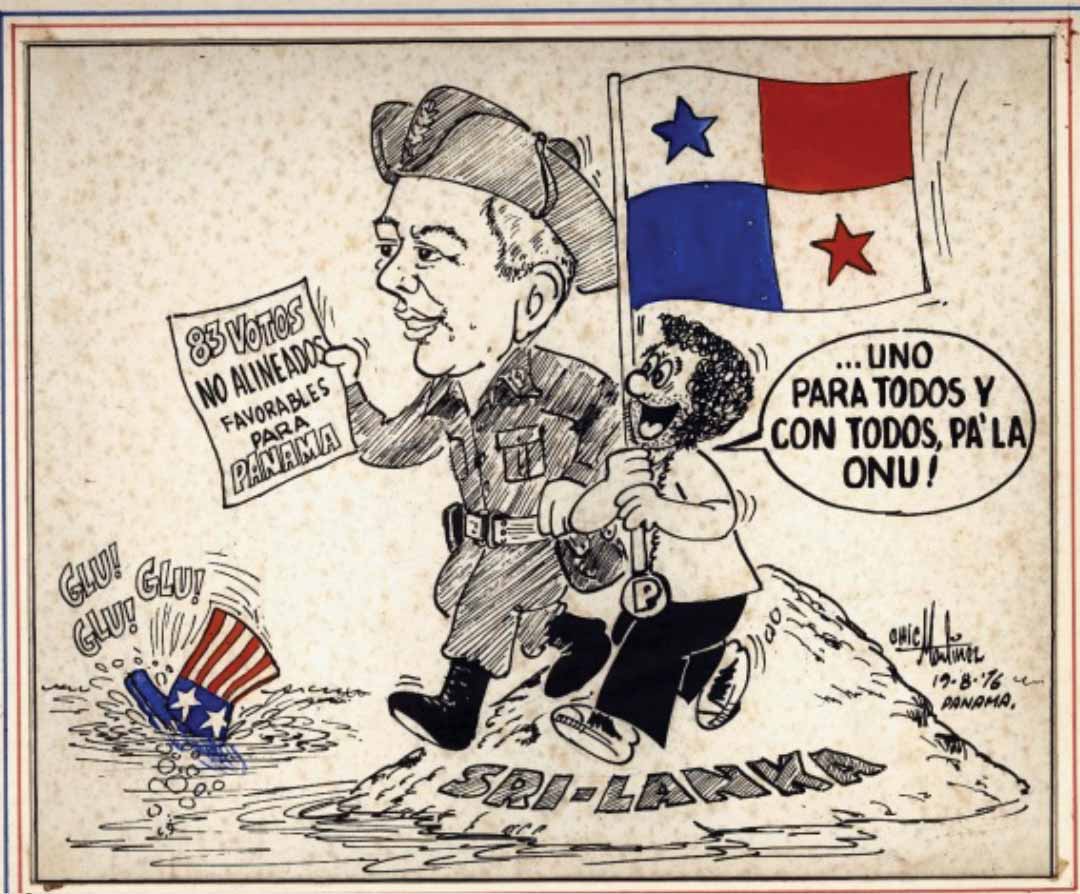 Caricatura de Omar Torrijos saliendo de Sri Lanka con los votos de apoyo del Movimiento de Países No Alineados. Autor: Carlos “Chic” Martínez, 19 de agosto de 1976. Fuente: Colección Museo del Canal. 