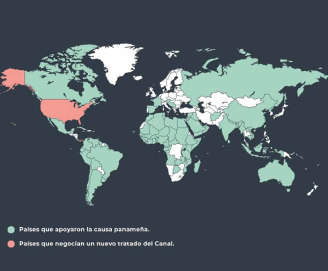 Mapa con los países que apoyaron la Causa Panameña entre 1973 y 1977. 