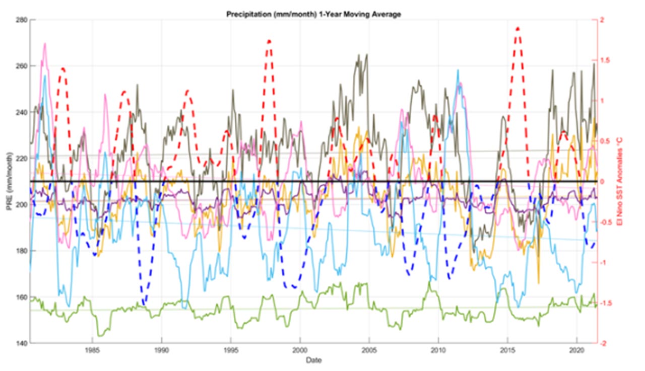 Media móvil anual de las precipitaciones por región hidroclimática